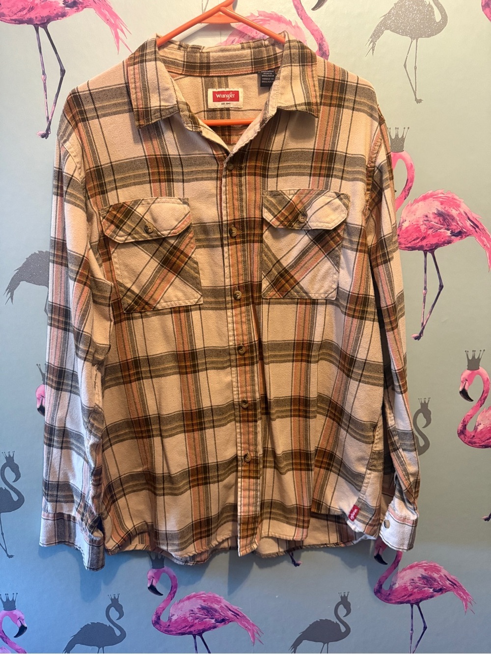 Wrangler Cream and Brown Plaid Shirt - Size L